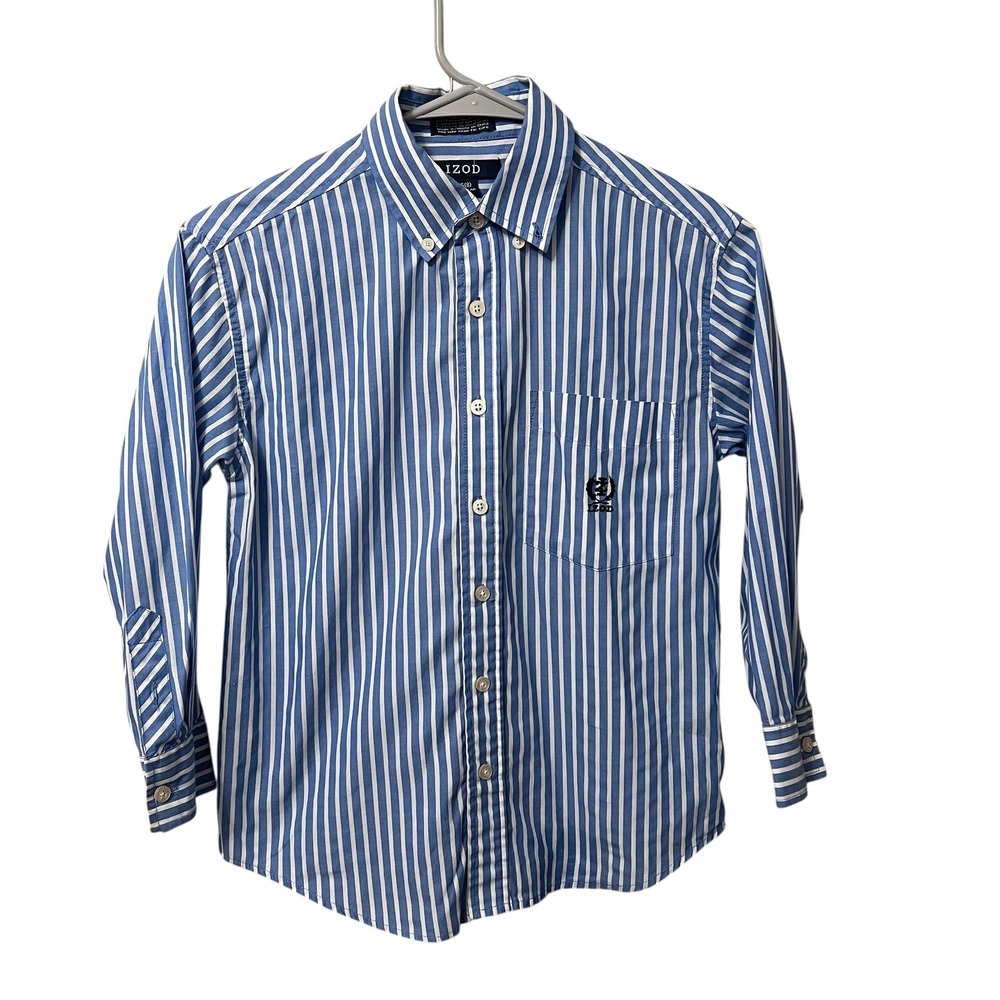 IZOD Boys Long‎ Sleeve Button Down Shirt Size 8 Blue White Stripe Pocket Logo